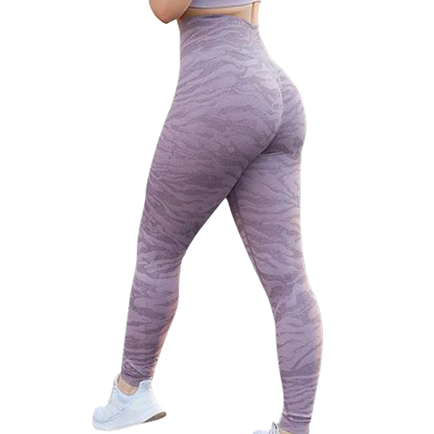 Women's push-up booty leggings in blue leopard print, size M, for gym and yoga workouts
