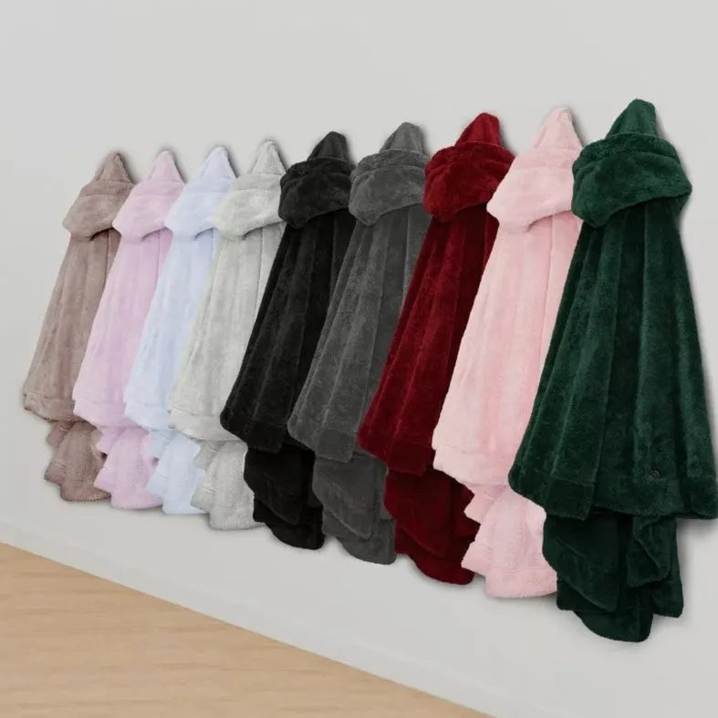 Hooded cloak bathrobe in black with long sleeves and tie belt, made from thick 501-600g/sq m polyester fabric