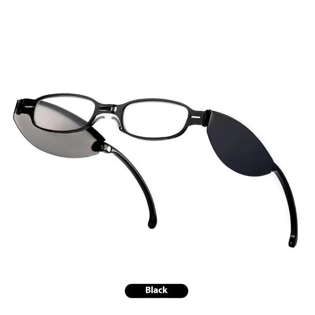 Folding pocket presbyopic glasses in retro style with ring elements, shown both open and folded to 12cm length