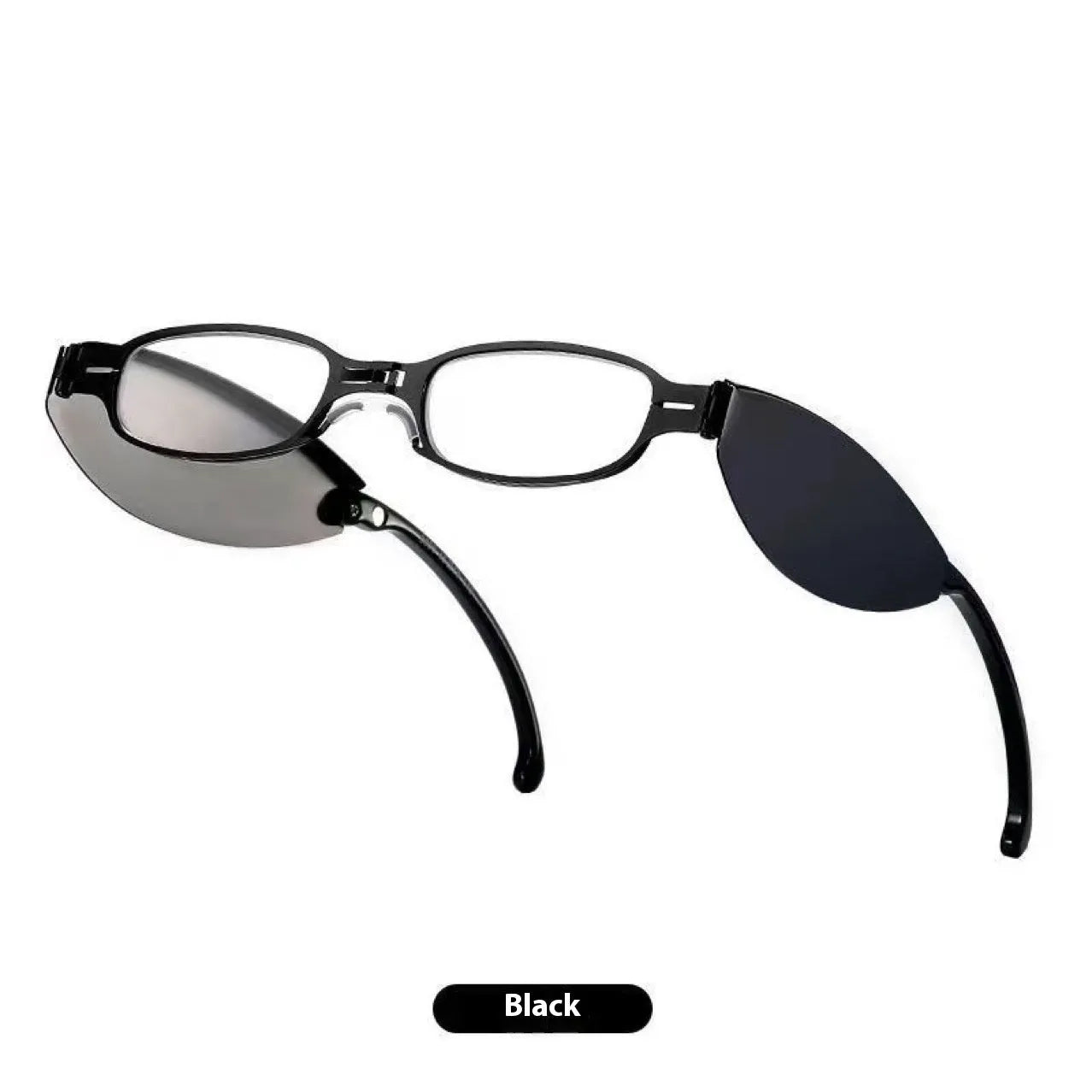 Folding pocket presbyopic glasses in retro style with ring elements, shown both open and folded to 12cm length