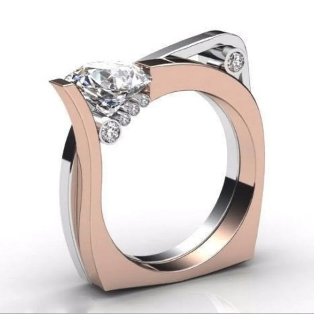 Rose gold electroplated couple rings with zircon inlays and geometry design, shown in various UK sizes