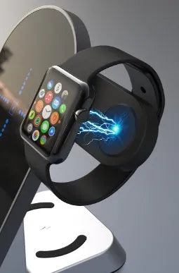 Black alarm clock wireless charger with six charging functions, dimensions 125mm by 65mm by 298mm