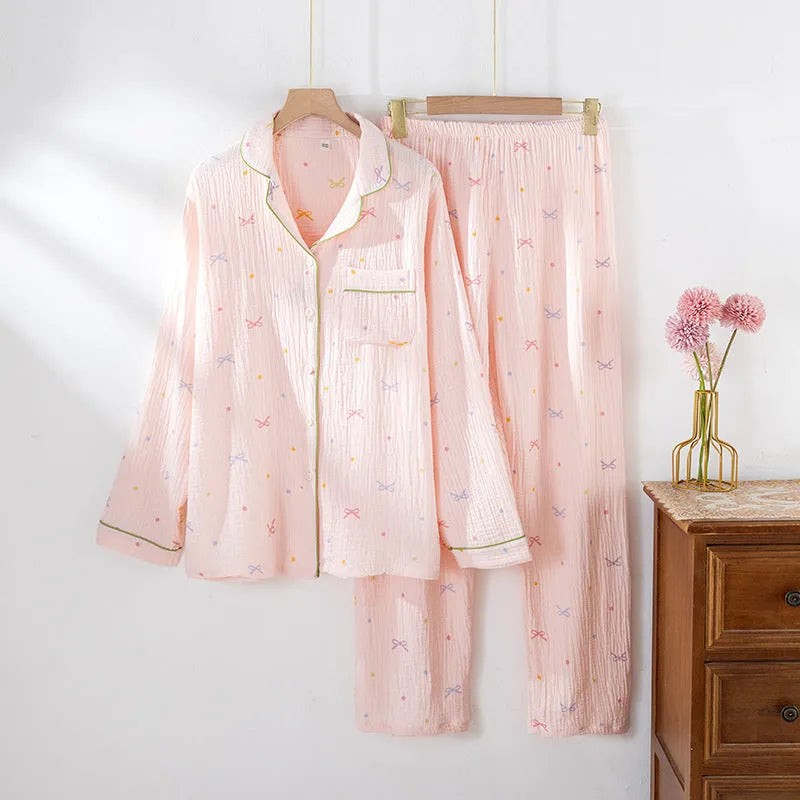 Women's cotton pajamas set in pink or beige with long sleeves and trousers, thin crepe fabric for home wear