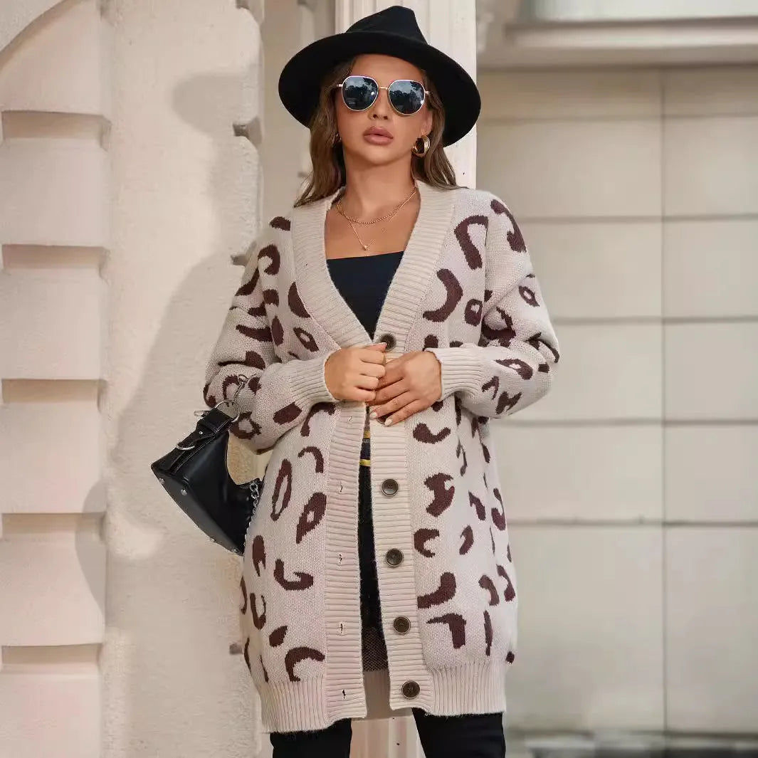 Women's apricot mid-length leopard print cardigan coat, loose fit, button front, long sleeves, 65cm length, polyester