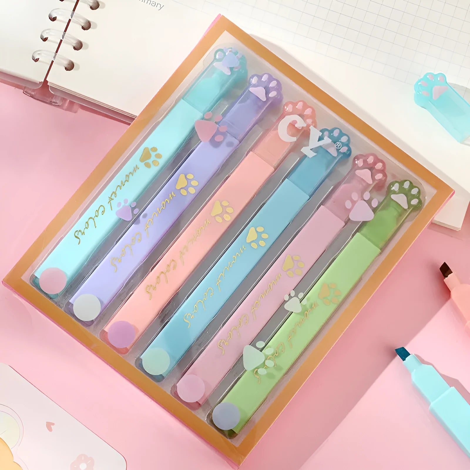 Box of six cat's paw fluorescent marking pens with oblique nib tips in assorted colours.