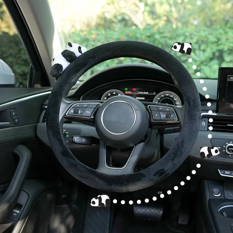Black plush panda steering wheel cover and matching shoulder pad set for cars