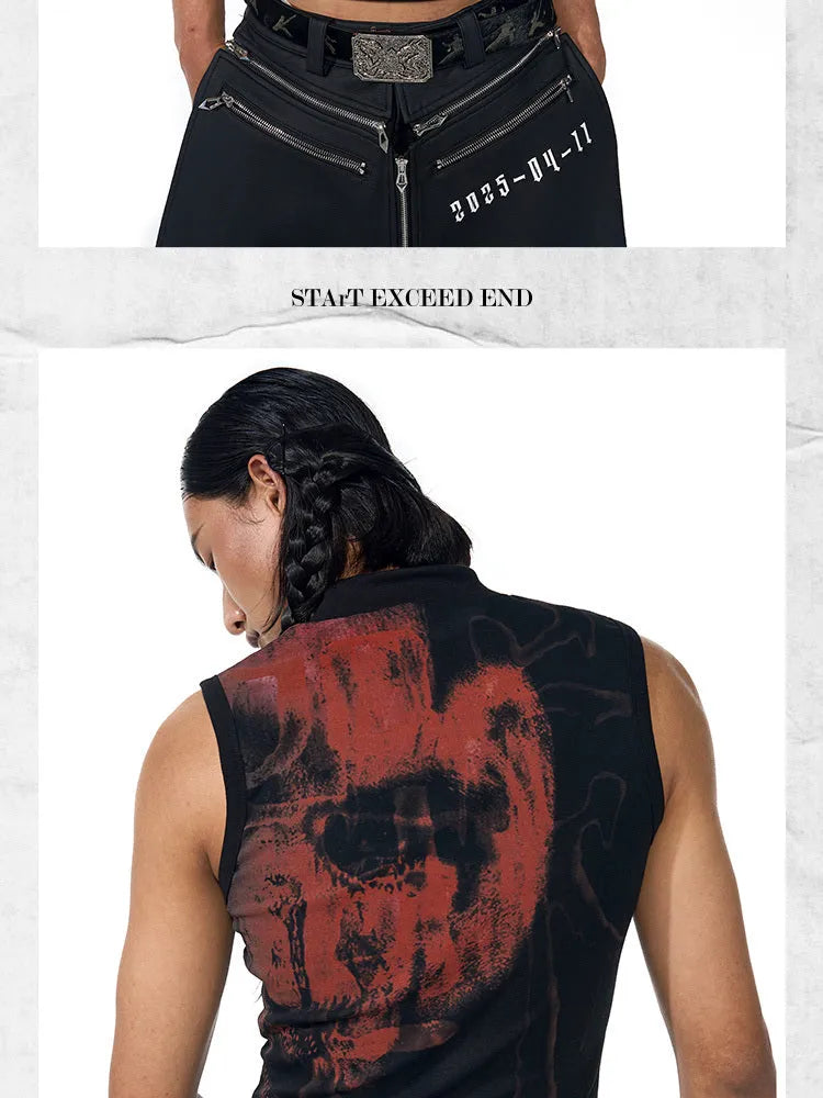 Black half turtleneck sleeveless t-shirt with a character print, slim fit.