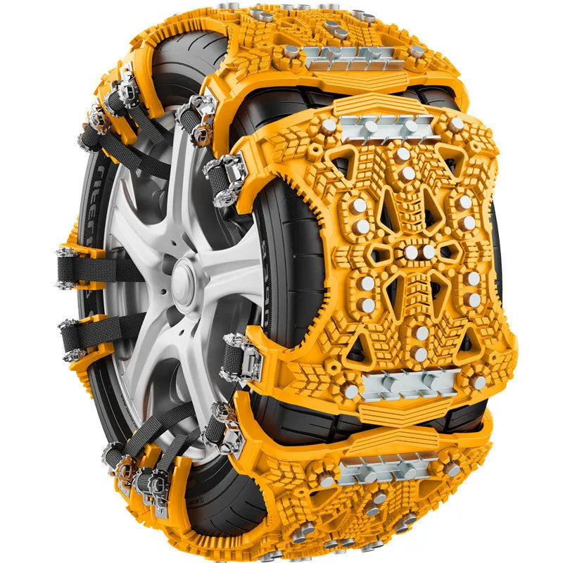 Universal armoured steel plate tyre chains for cars and SUVs in black or yellow with tools