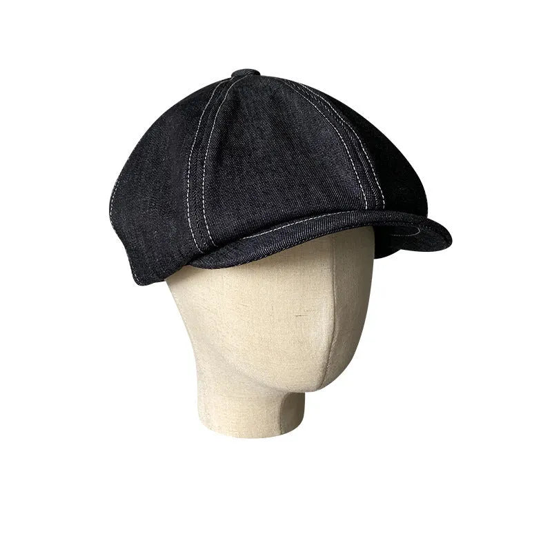 Black cotton beret with Japanese denim fabric in octagonal retro design for men and women