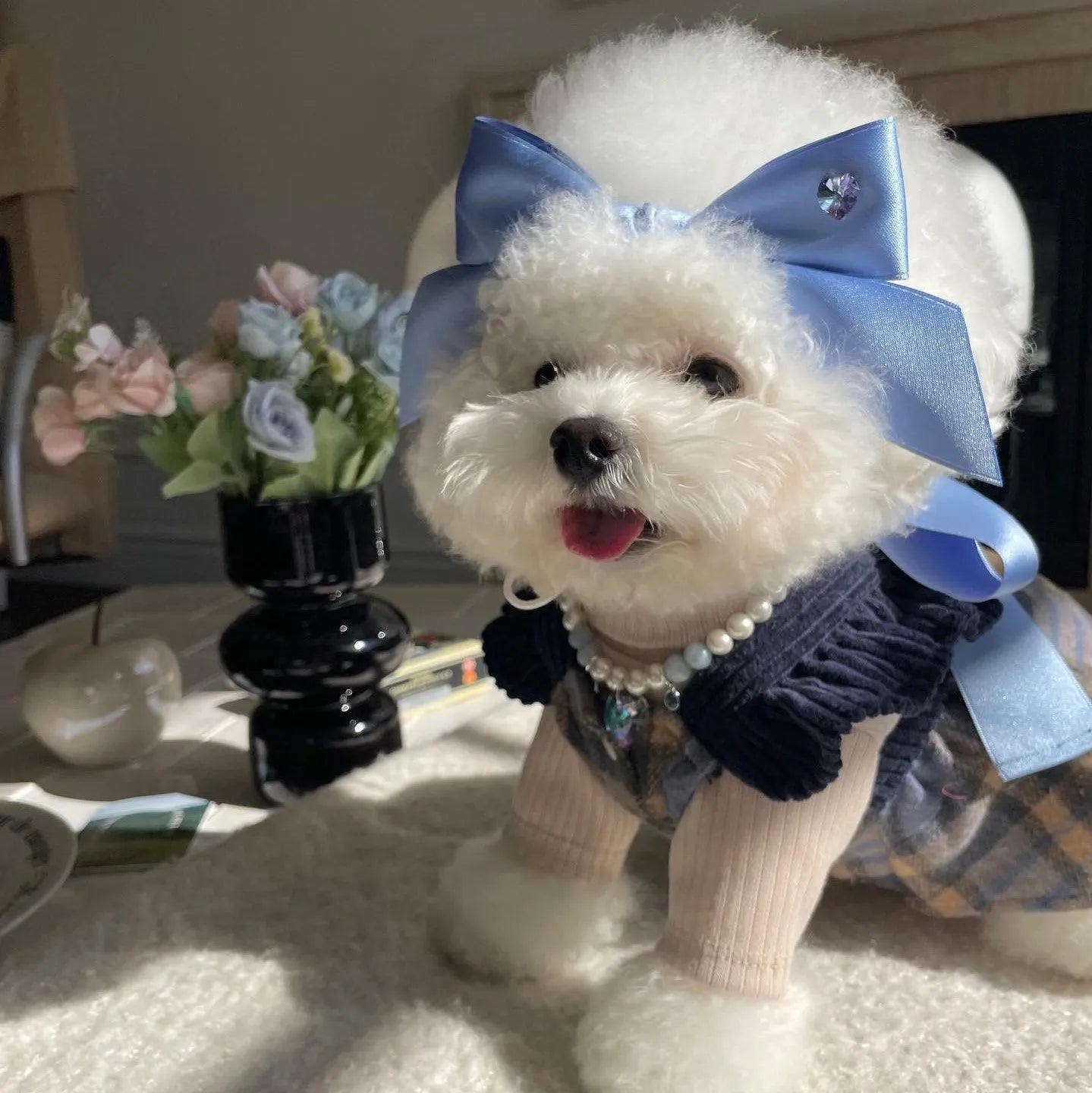 Adjustable dog hair band with princess-style bow on polyester cotton ribbon