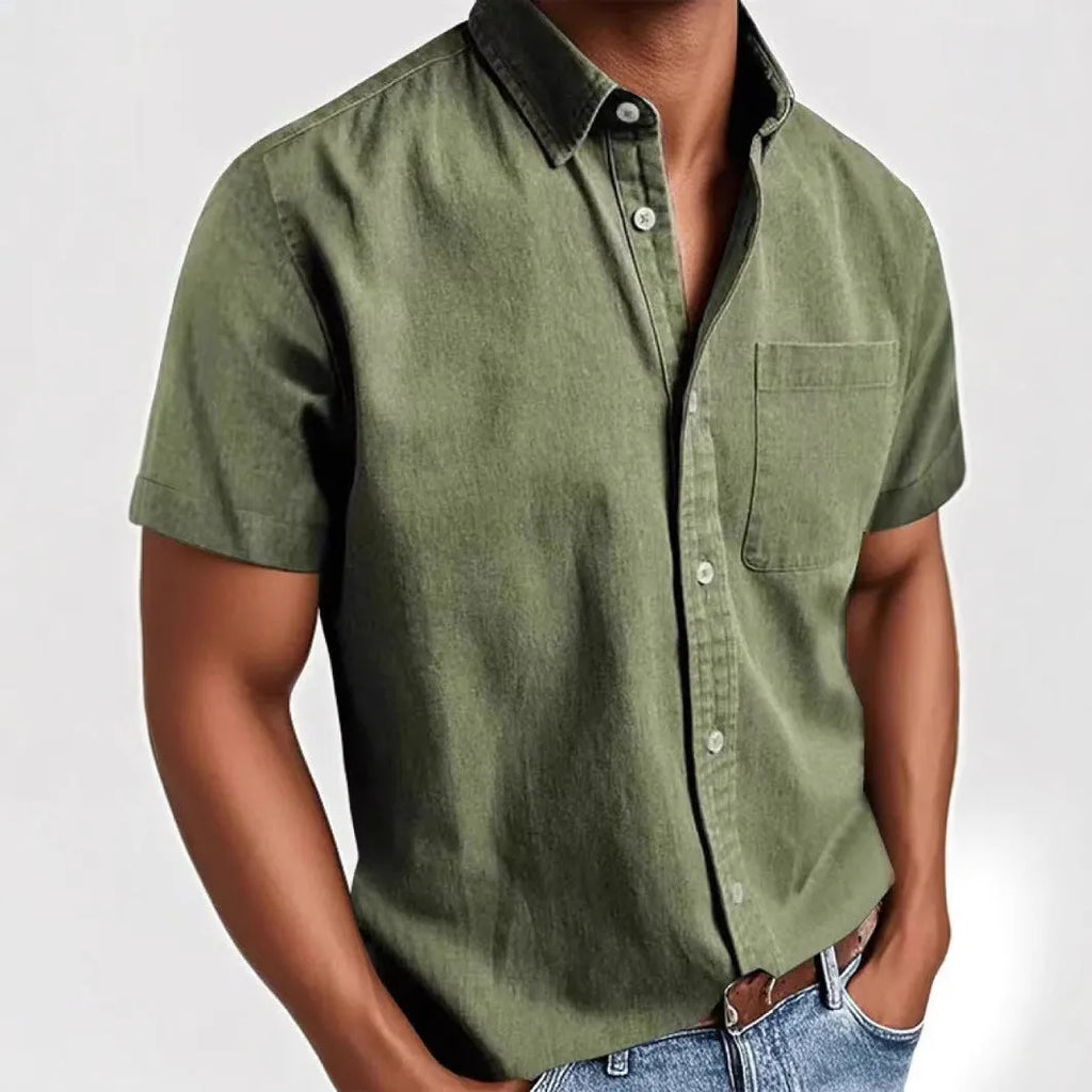 Men's loose fit short sleeve casual shirt in cotton blend polyester, shown in multiple colour options.