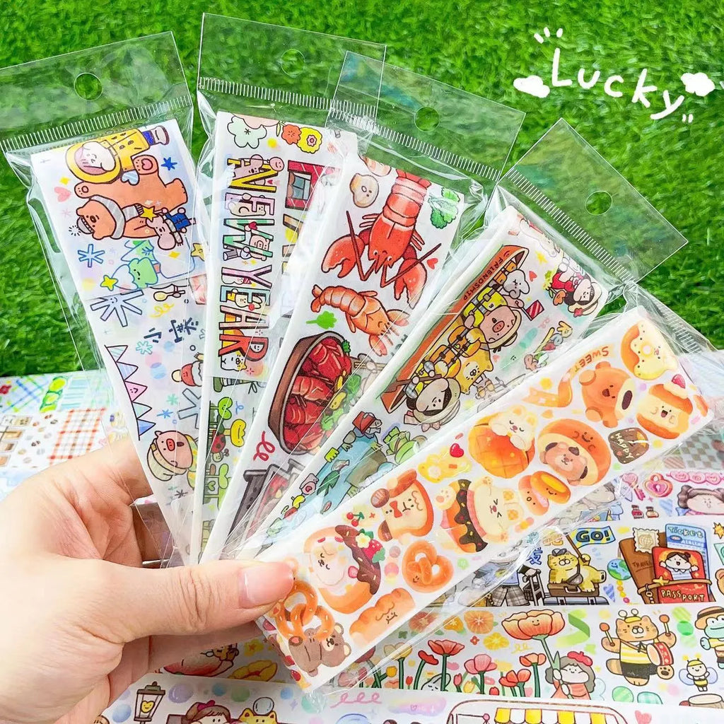 Haemorrhoid tape packaging stickers with cute cartoon characters printed on Japanese paper, showing design variety