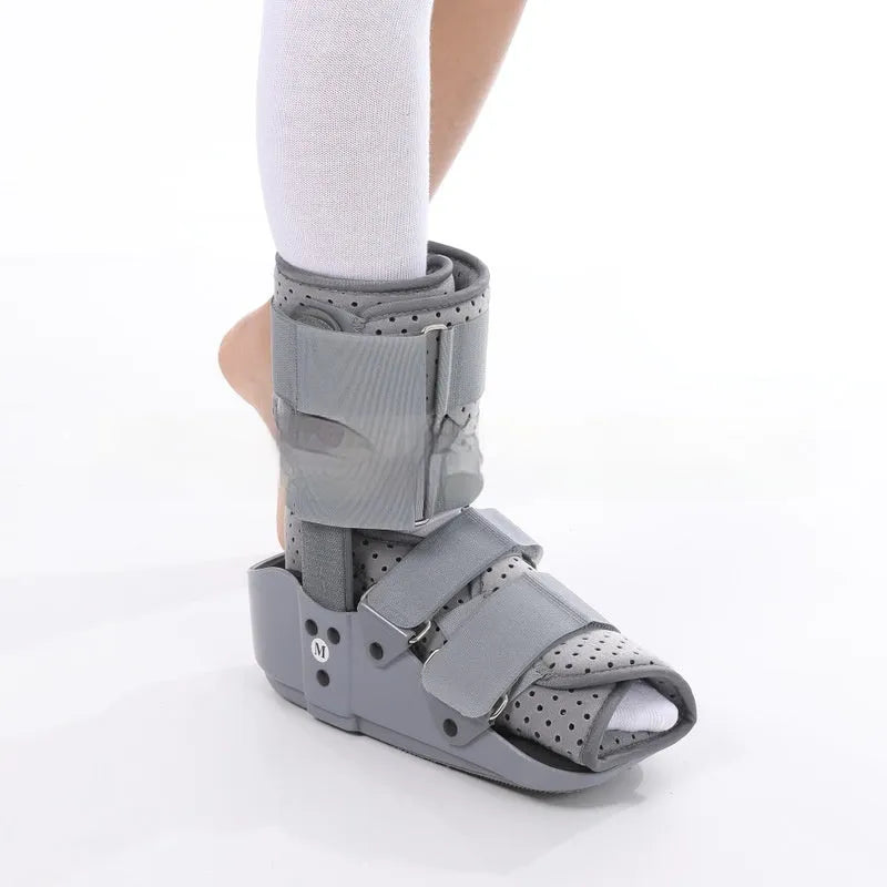 Achilles tendon rehabilitation walking shoes showing adjustable straps and hinge mechanism for ankle support
