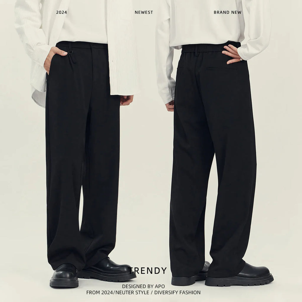 Black draping straight-leg business casual trousers on hanger