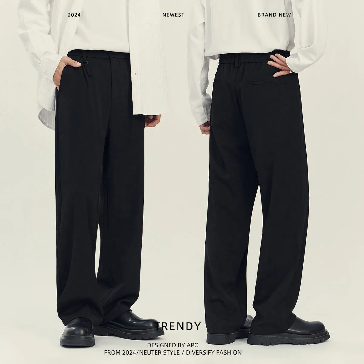Black draping straight-leg business casual trousers on hanger