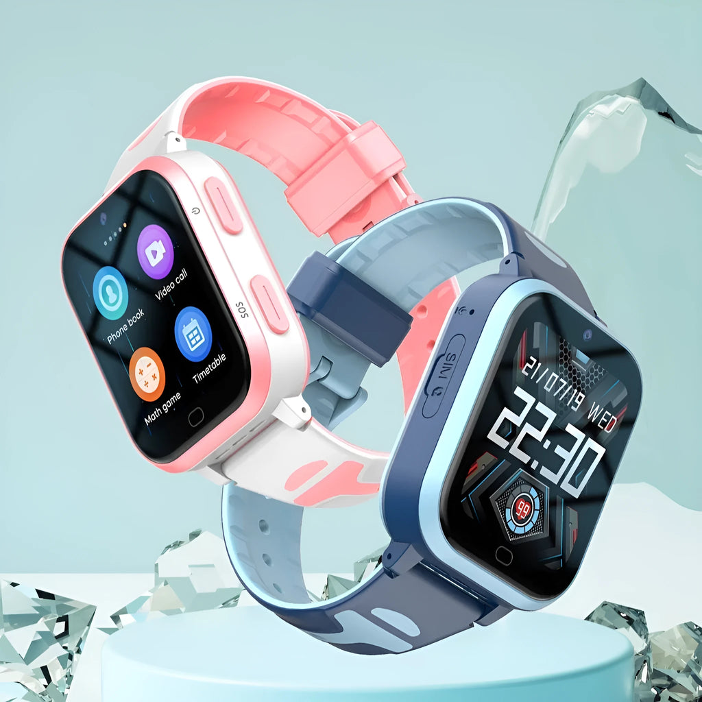 Child's 4G smartwatch with colour touchscreen on a wrist strap in black, blue, or pink