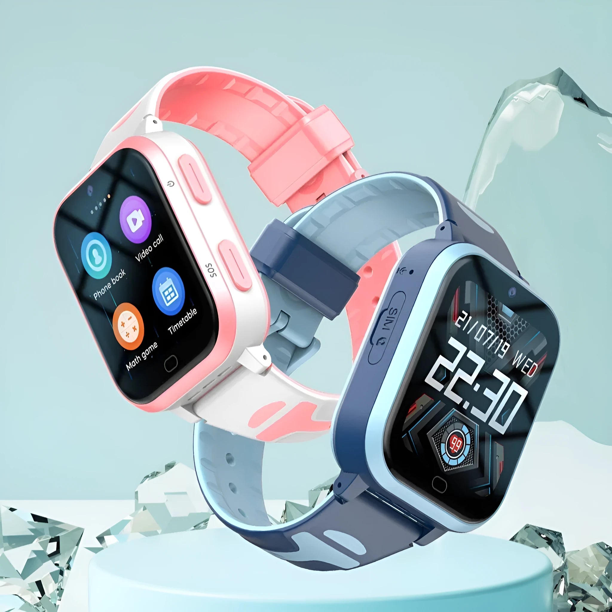 Child's 4G smartwatch with colour touchscreen on a wrist strap in black, blue, or pink