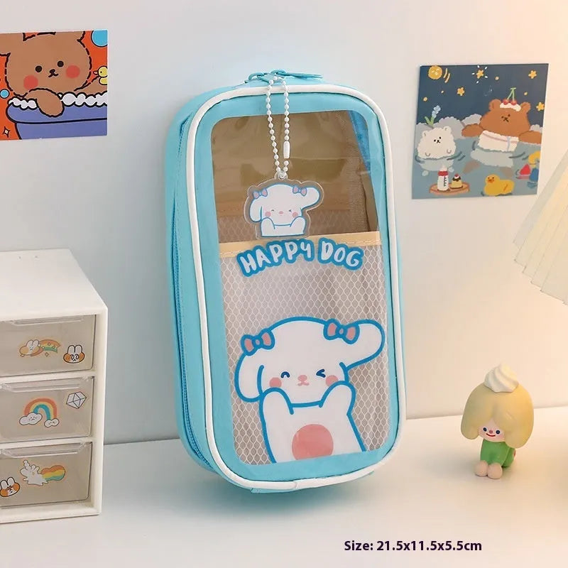 Transparent PVC pencil case with cartoon design showing pens and pencils inside