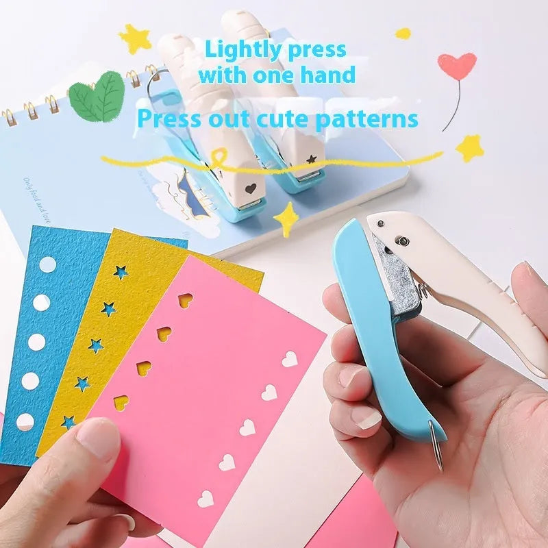 Small manual punching machine with embossed kindergarten patterns creating 4mm and 6mm holes plus love and star shapes
