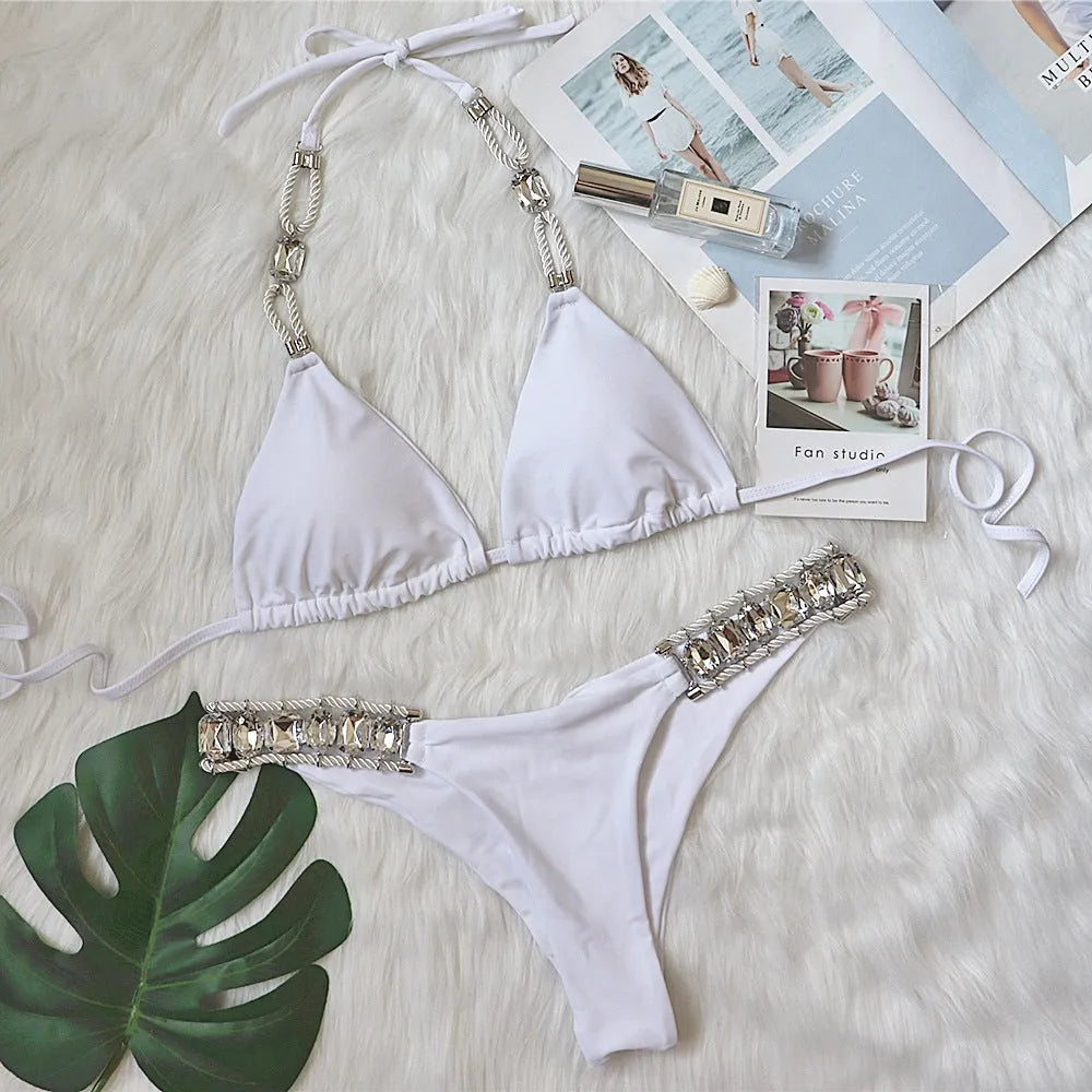 Ladies plain bandage bikini set in polyester, shown in white, black, rose red or green, sizes S M L