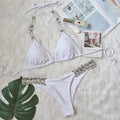 Ladies plain bandage bikini set in polyester, shown in white, black, rose red or green, sizes S M L