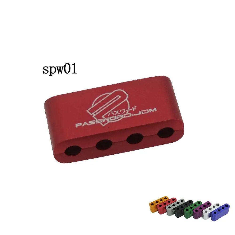 Set of three metal car modification fastening clamps with a fixed sleeve in assorted colours.