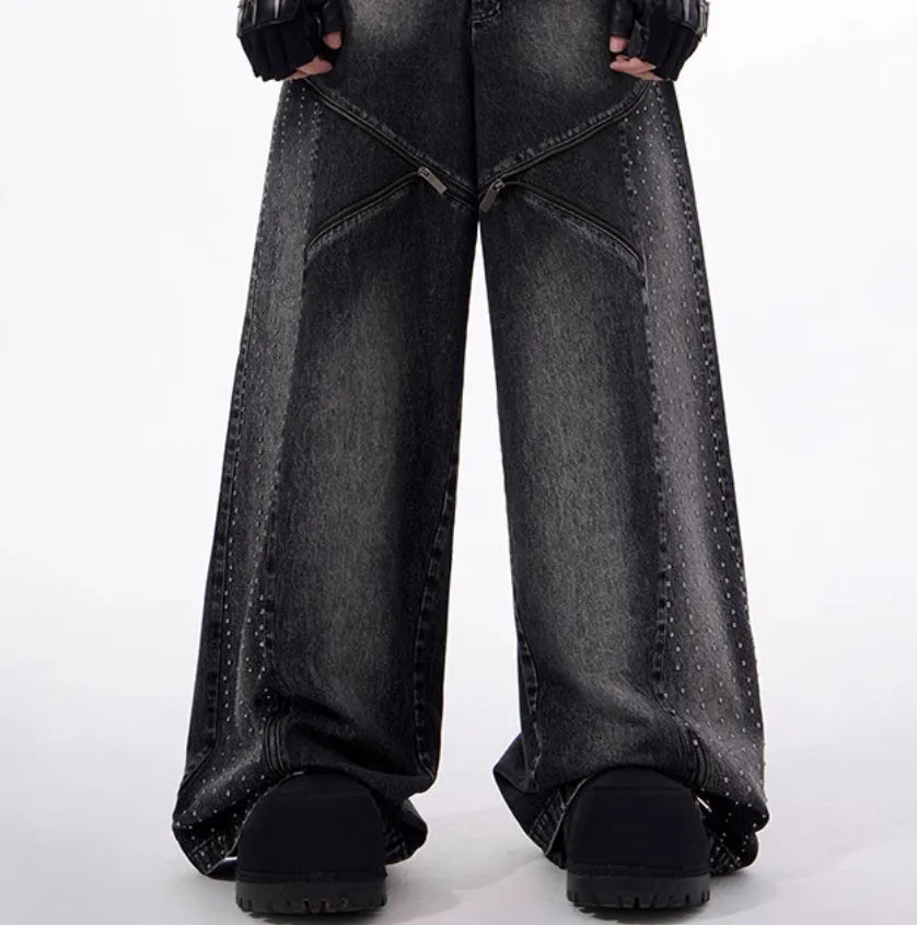 Women's black and grey washed denim wide leg pants with matching vest in Korean style