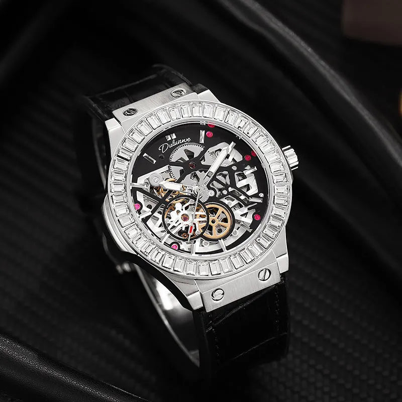 Automatic mechanical men's watch with hollow movement showing gears, diamond-studded markers, 16mm thickness, on leather strap