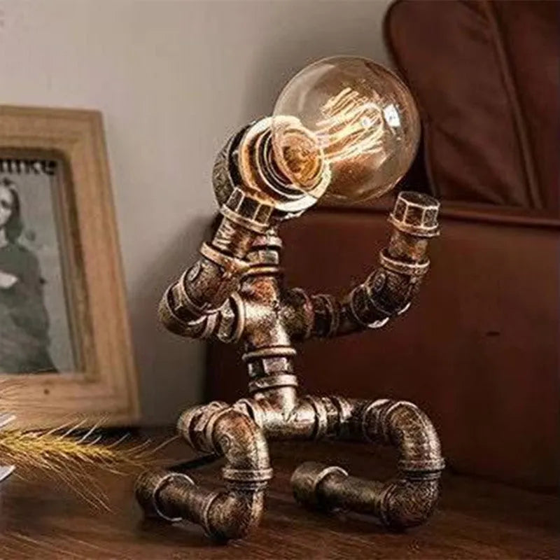 Iron pipe industrial retro table lamp with customisable water pipe design on wooden desk