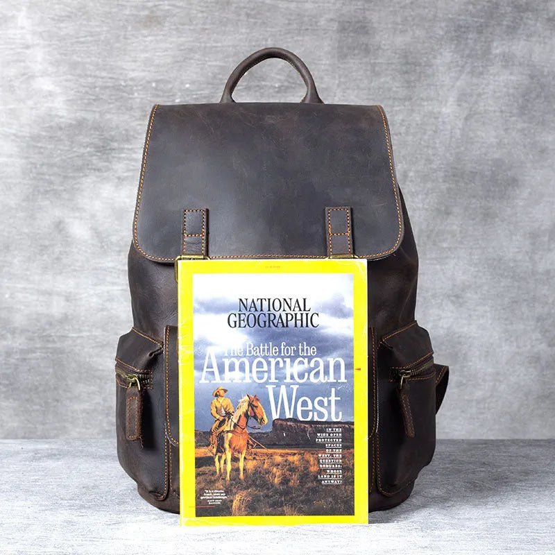 Brown Retro Crazy Horse genuine leather backpack with double straps and soft handle