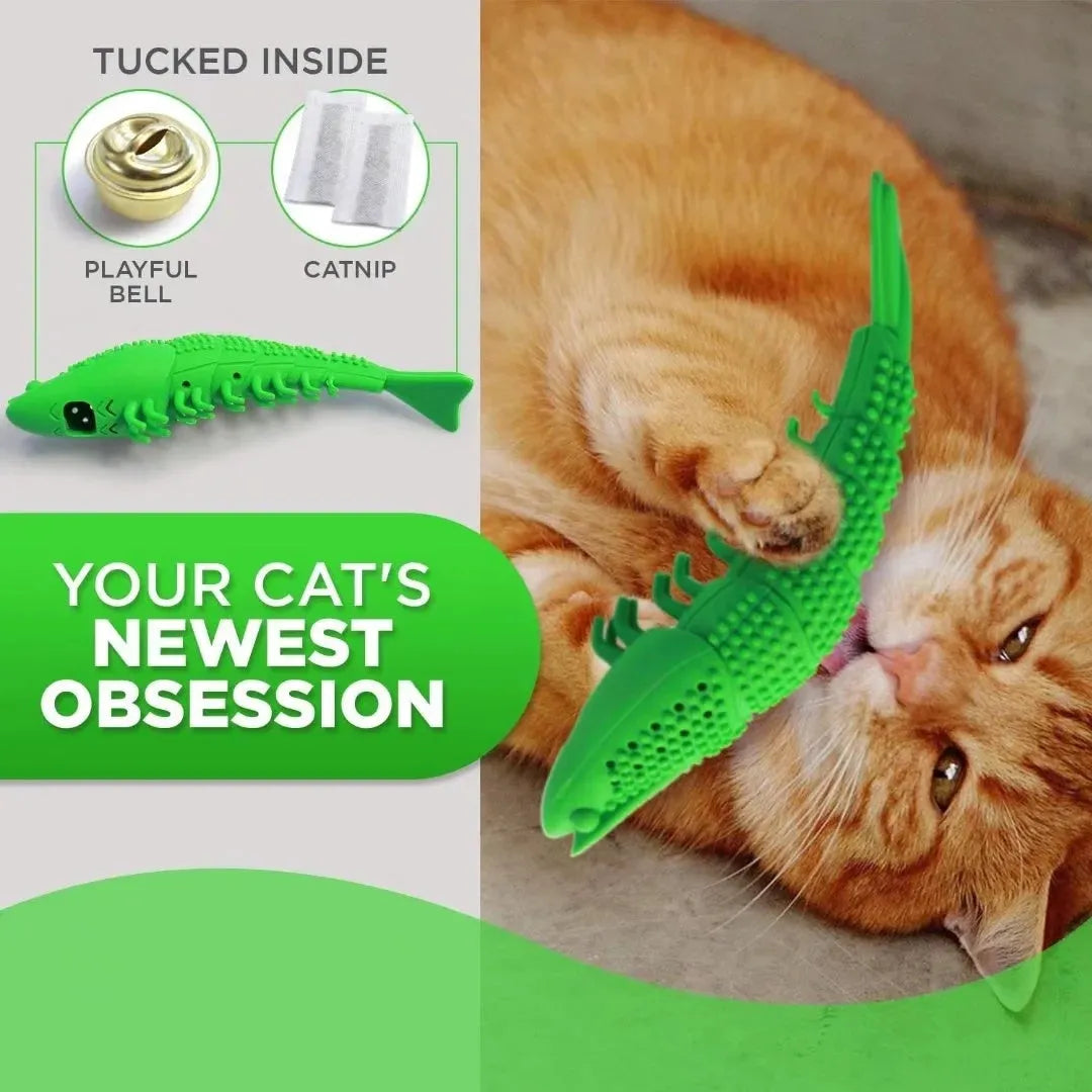 Blue hard rubber cat chew toy with textured surface for dental care during play
