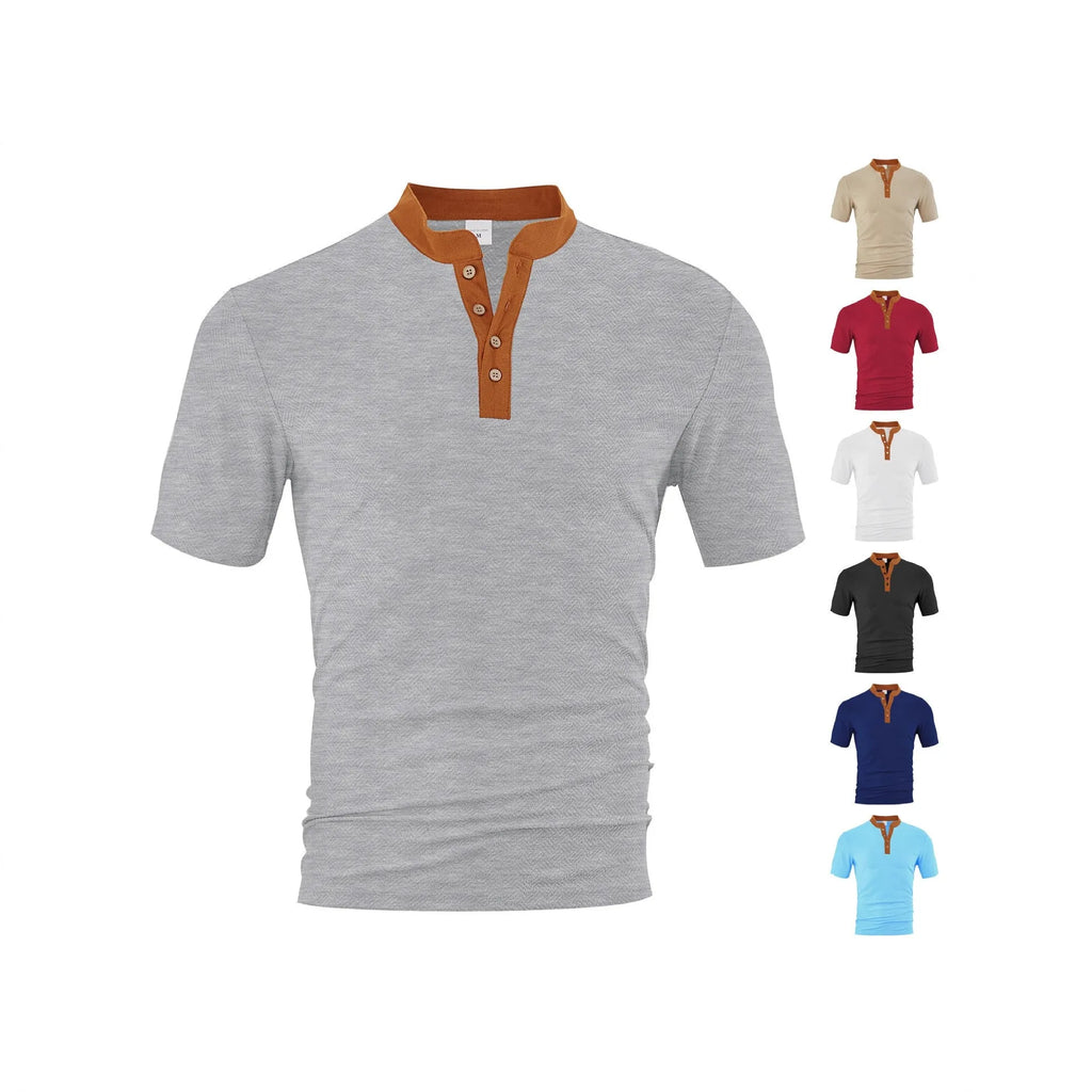 Men's loose short sleeve button-up shirt in polyester, available in six colours and sizes S to XXXL