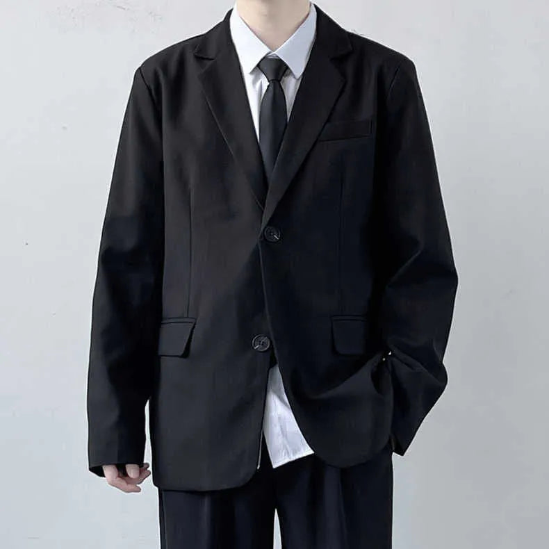 Men's plus size suit jacket with trousers, white shirt, and tie in loose college style cut