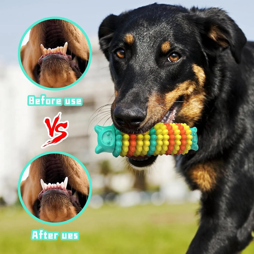 Blue rubber caterpillar dog chew toy for aggressive chewers, 17cm long, on a white background