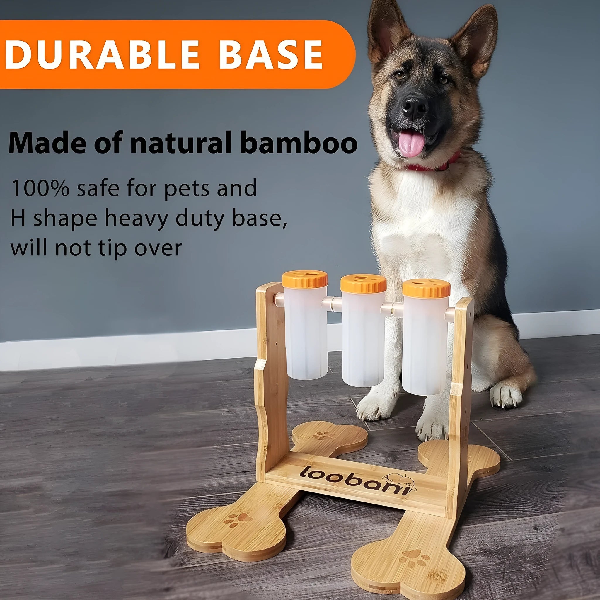 Wooden dog puzzle toy treat dispenser measuring 31x30x20cm with compartments for canine mental stimulation