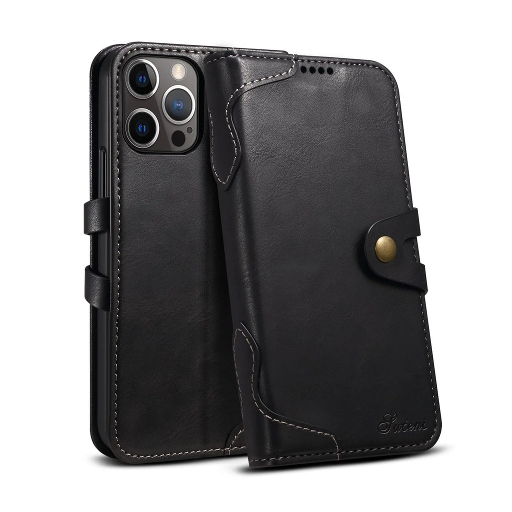 PU flip wallet phone case in black, brown, red, or blue for iPhone 13 and iPhone 12 models