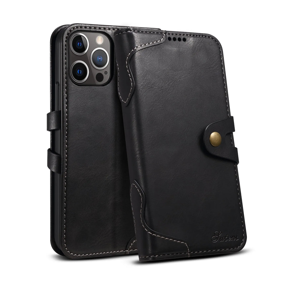 PU flip wallet phone case in black, brown, red, or blue for iPhone 13 and iPhone 12 models