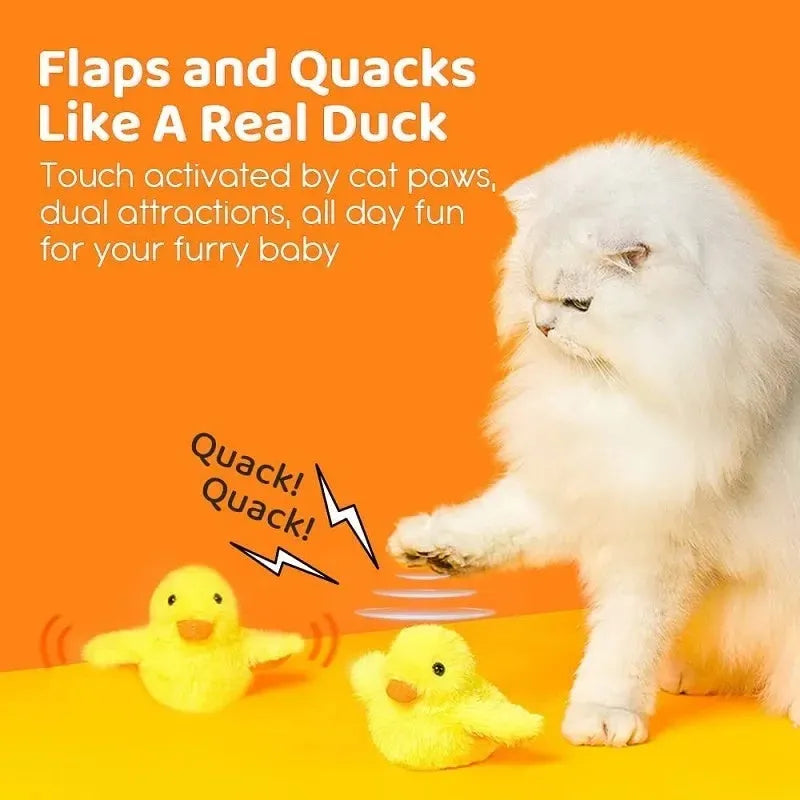 Yellow electric flapping duck cat toy with catnip and vibration sensor on plain background