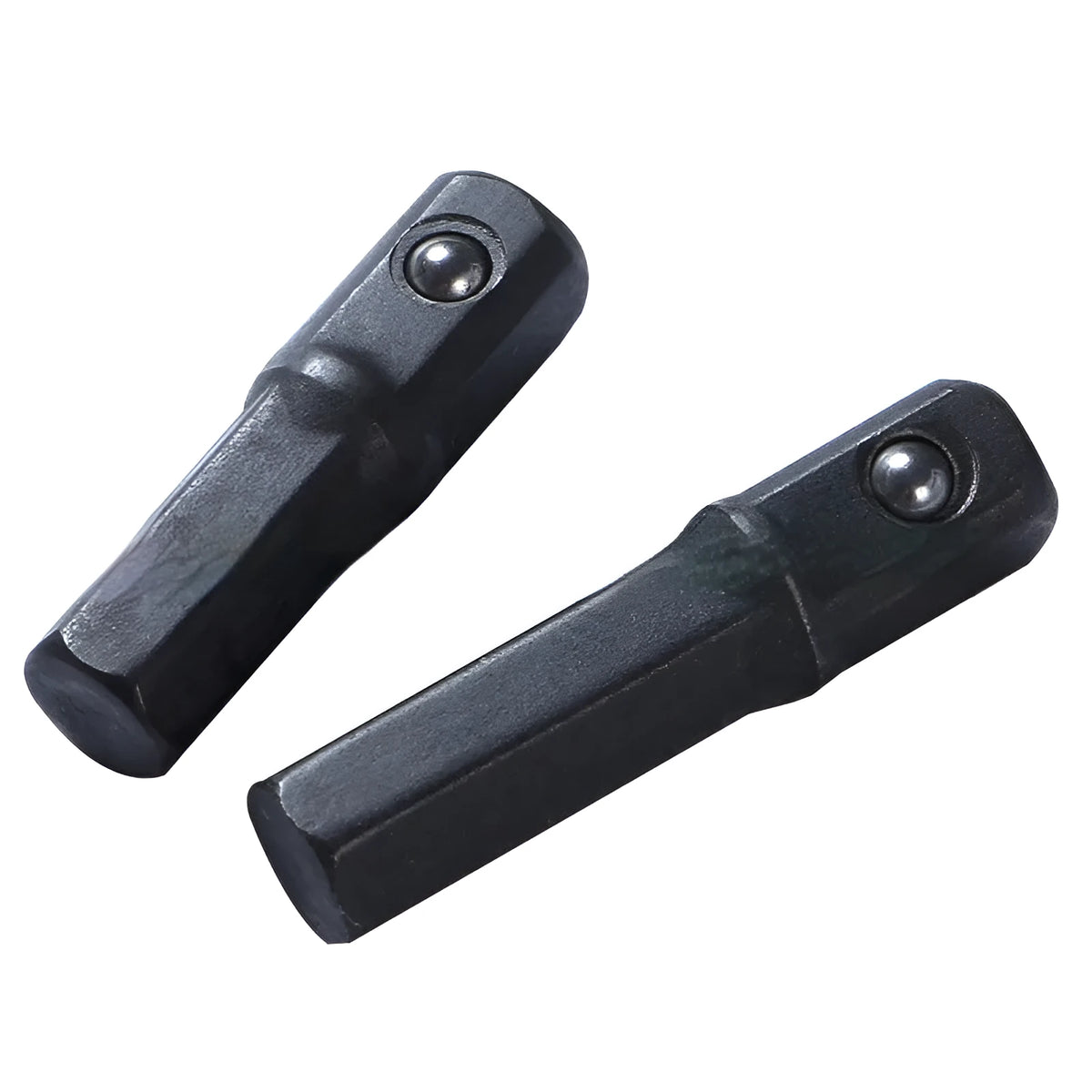 Hexagonal handle to square head socket extension rods in chrome vanadium steel with blackened surface, set of 8 pieces including long and short rods.