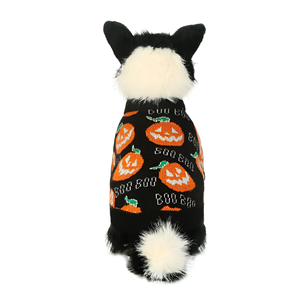 Black dog Halloween sweater with orange pumpkin pattern design in polyester knit fabric