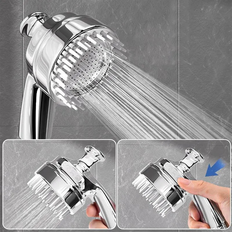 Silver dog shower attachment with silicone comb teeth and ergonomic grip for bath time