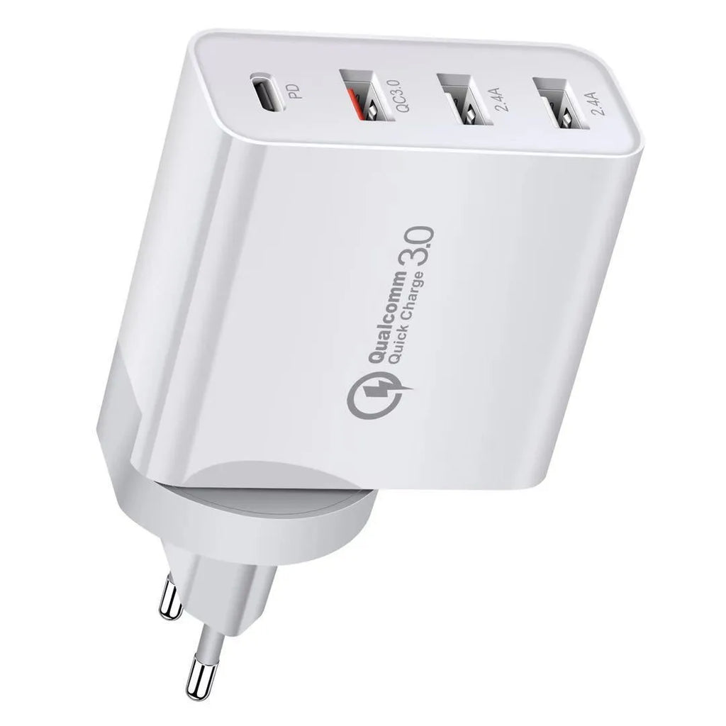 White fast charge charger with multiple USB ports for PD and QC 3.0 mobile phone charging