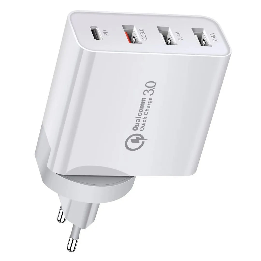 White fast charge charger with multiple USB ports for PD and QC 3.0 mobile phone charging