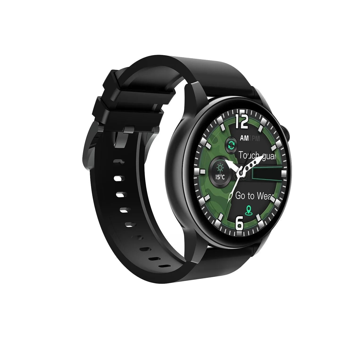 Stainless steel smart watch with a colour touchscreen displayed in black, pink, and silver colours.