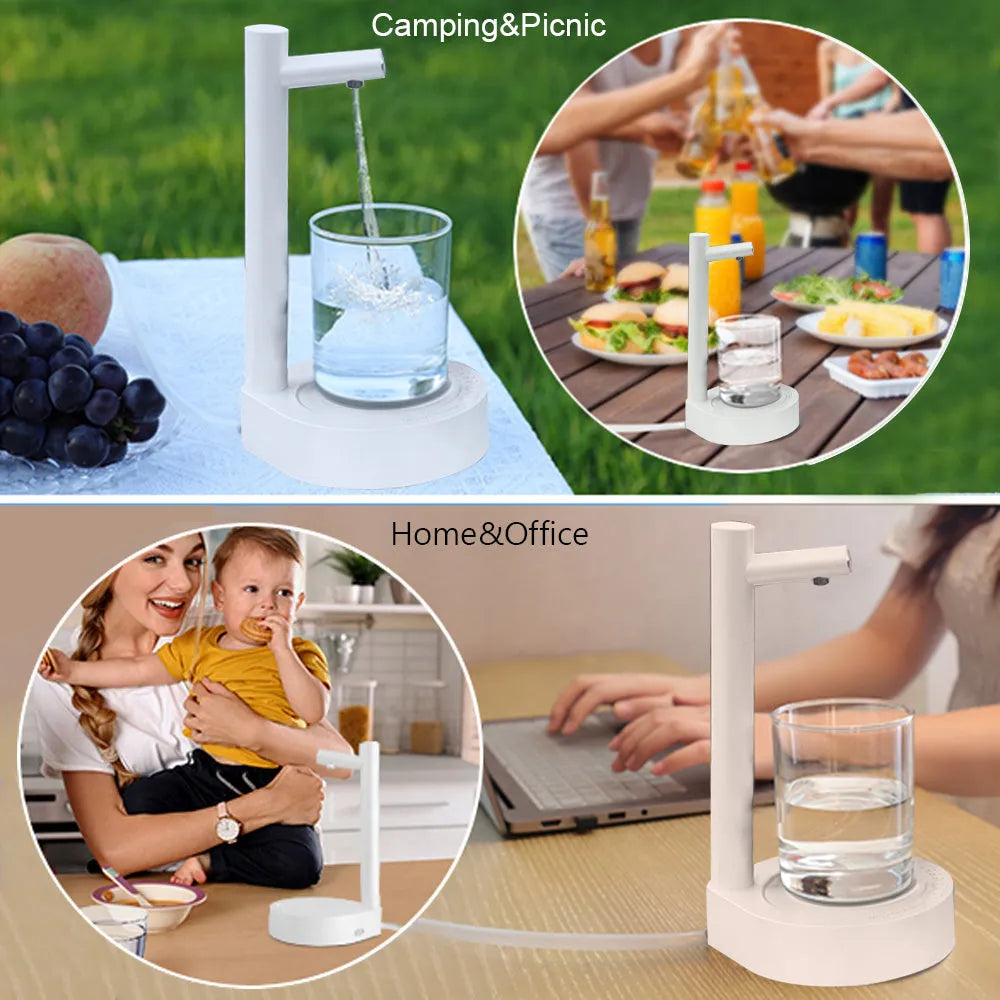 White electric water dispenser pump with USB charging cable next to gallon water bottle