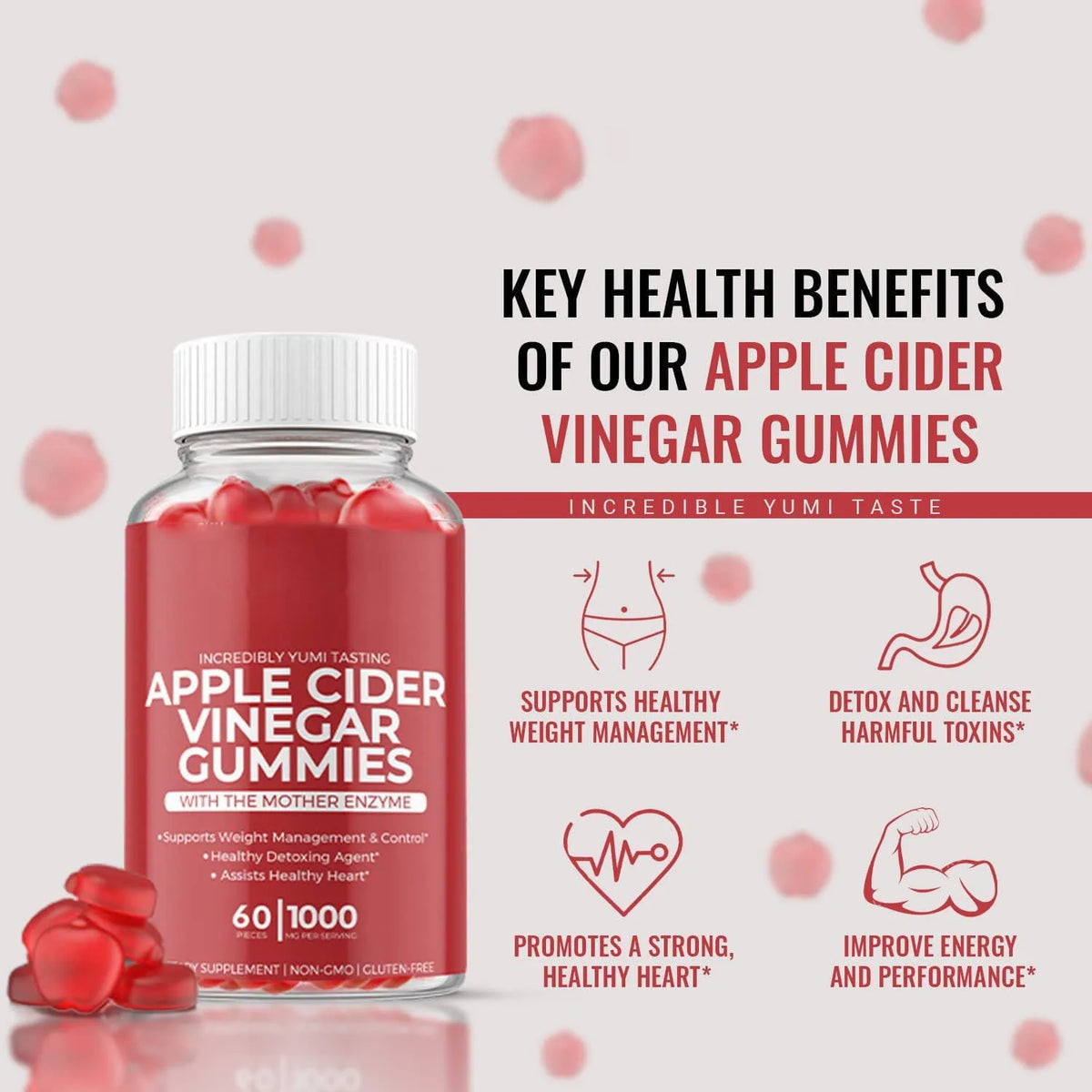 Bottle of 60 apple cider vinegar supplement gummies for adults.