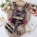 Embroidered underwear set with transparent push-up bra and pants in light blue or purple, lace fabric, sizes S M L
