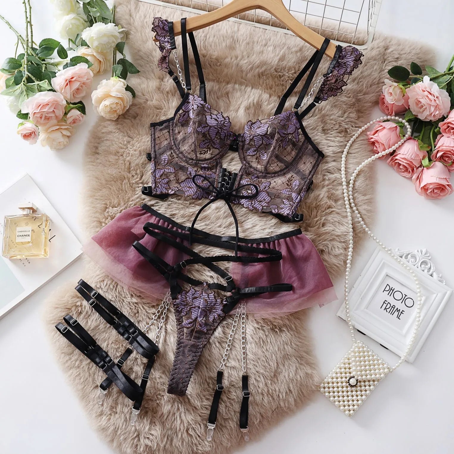 Embroidered underwear set with transparent push-up bra and pants in light blue or purple, lace fabric, sizes S M L