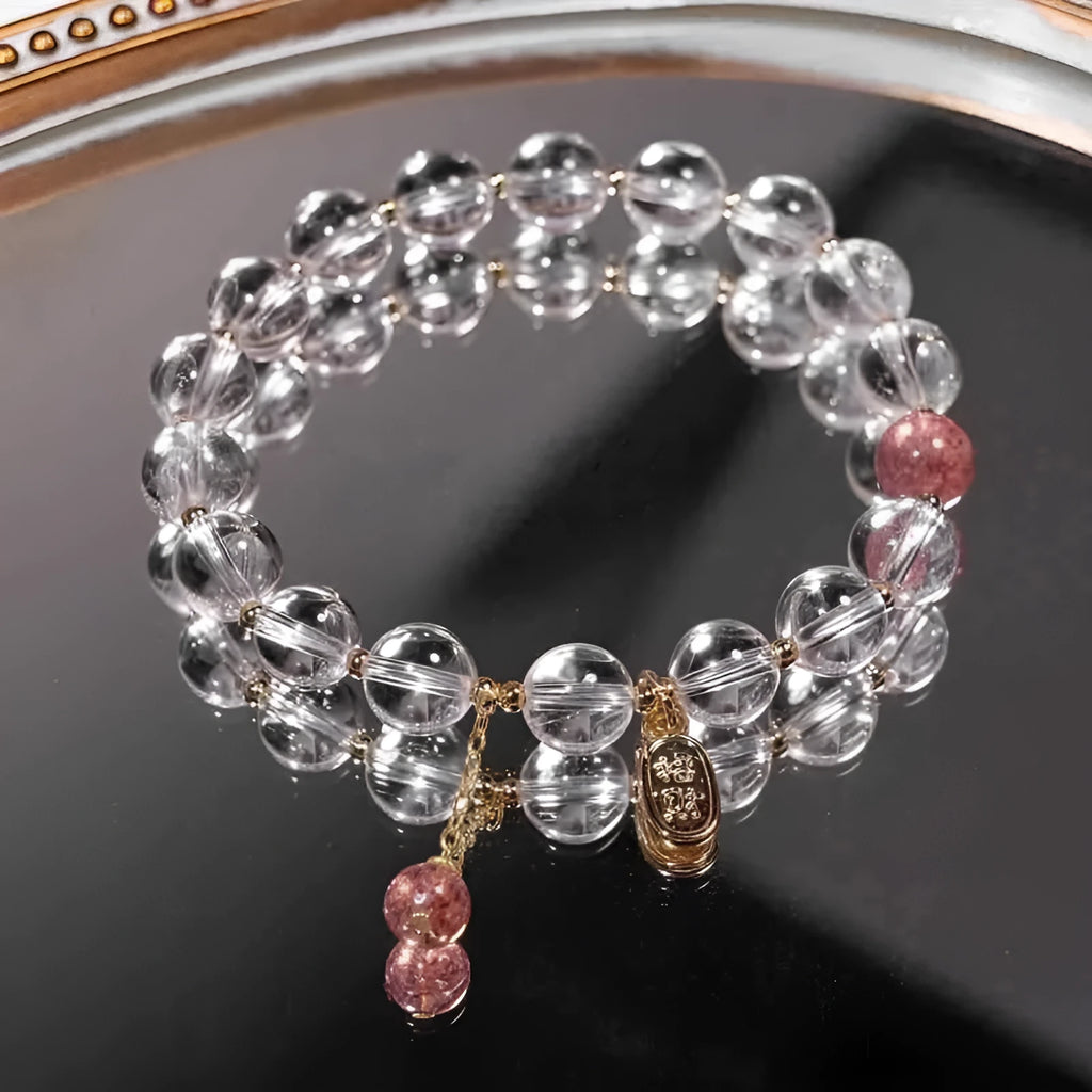 Handmade natural white crystal bracelet with 8mm beads and Matcha Green gift box.
