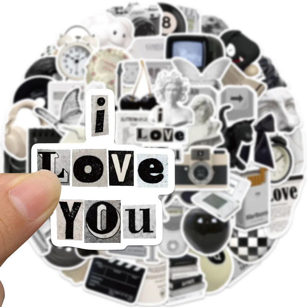 Black and white PVC waterproof sticker set with 61 designs for laptop and device personalisation